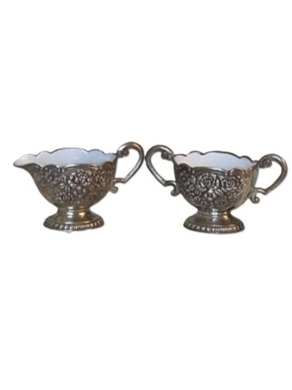 Vintage Cream and Sugar Set Silver Plate White Enamel Lined Embossed Floral MCM